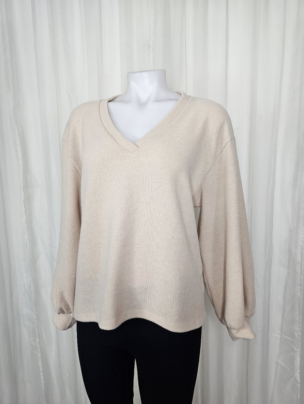 Lush Soft Plush V-Neck Balloon Sleeve Sweater in Light Taupe Cream Beige